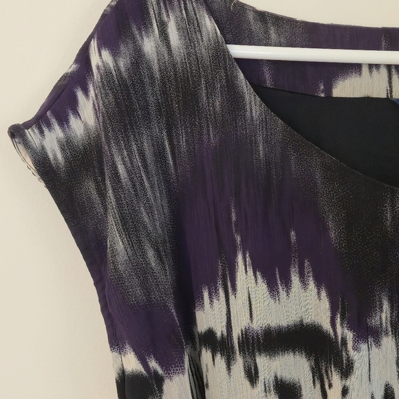 Reitmans XL Purple Black White Ikat Chiffon Cap Sleeve Blouse Belted - Picture 4 of 12